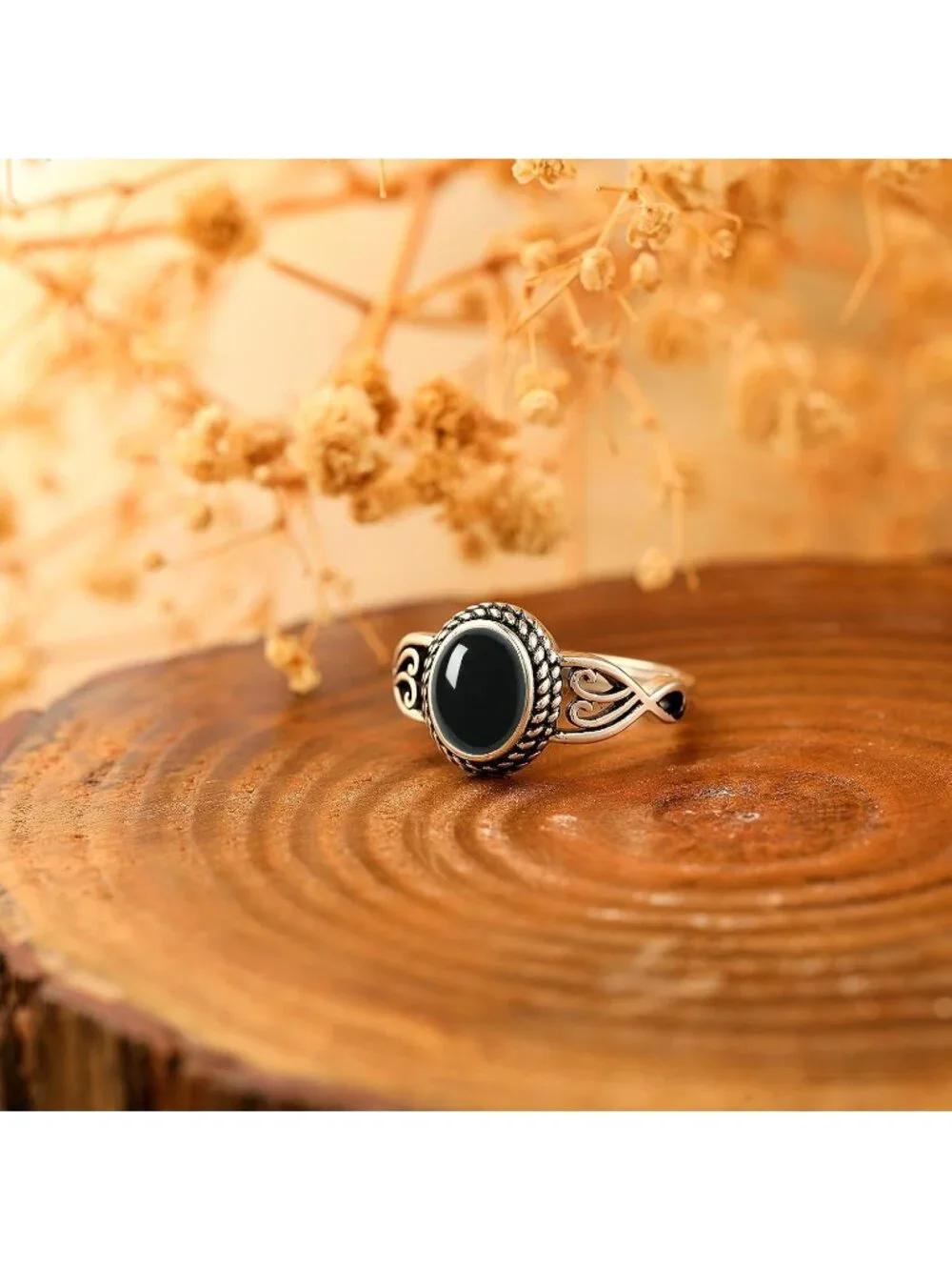 Women's Black Onyx 925 Sterling Silver Oval Adjustable Natural Stone Ring